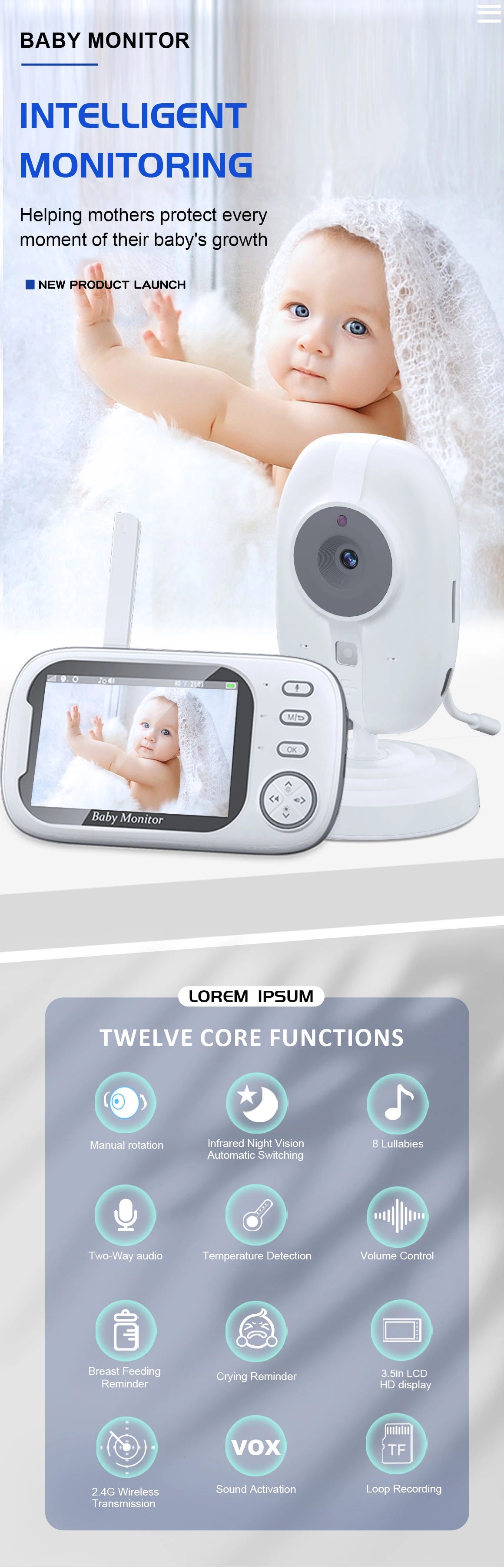 Snugify 3.5" Video Baby Monitor with 2-Way Audio, Night Vision & Breastfeeding Reminder